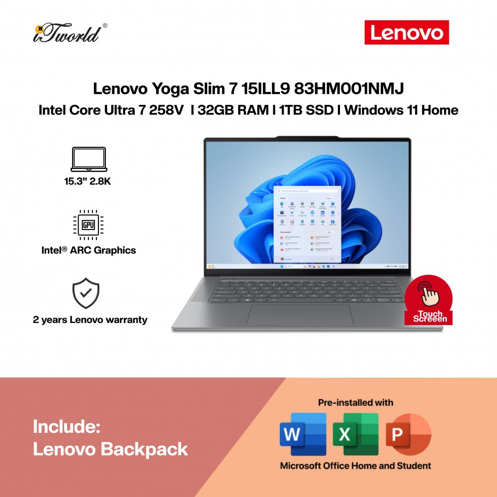 Lenovo Yoga Slim 7 15ILL9 83HM001NMJ Laptop (CU7-258V,32GB,1TB SSD,Intel Arc Graphics,H&S,15.3"2.8K WQXGA+ Touch,W11H,Luna Grey,2Y) 