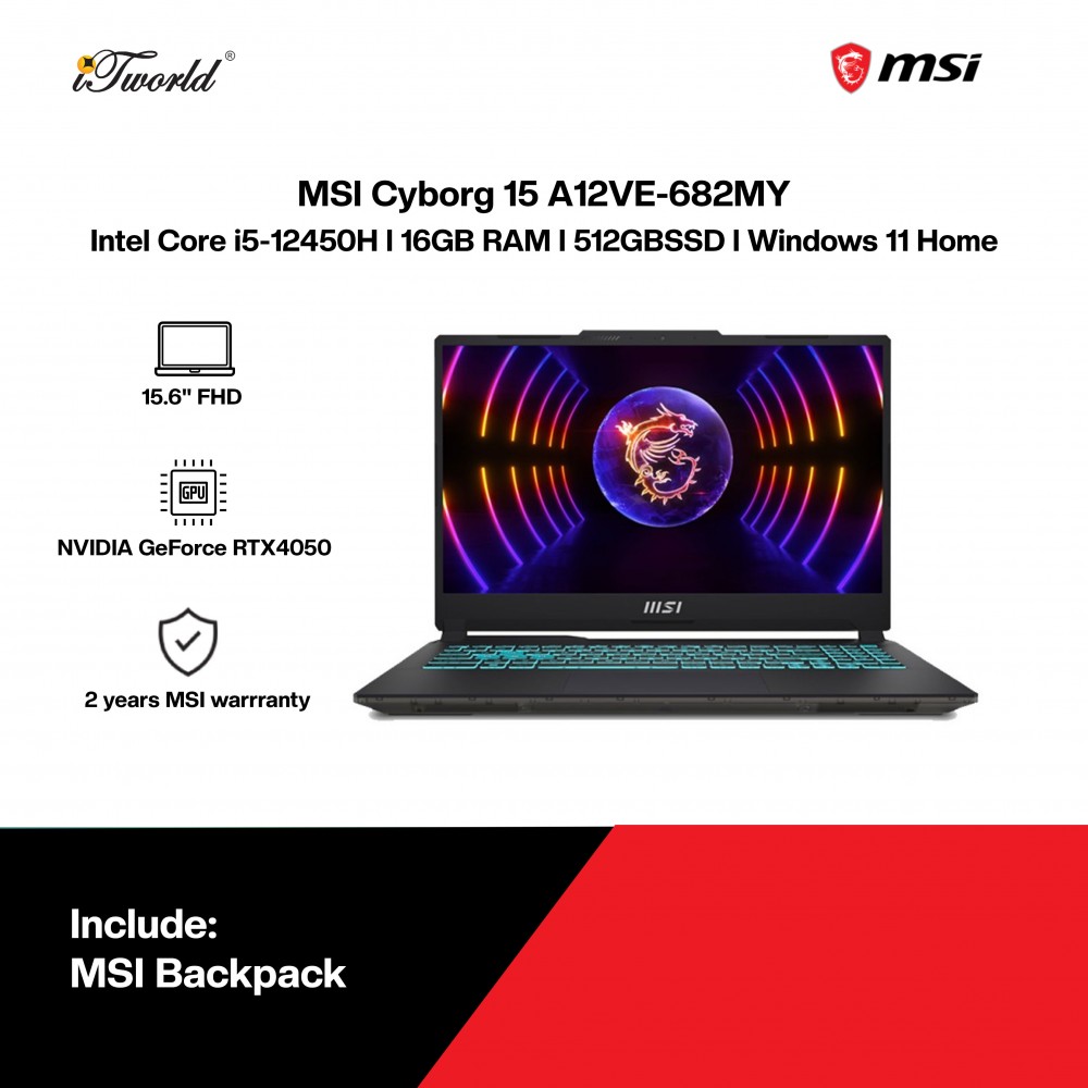 MSI Cyborg 15 A12VE-682MY Gaming Laptop (NVIDIA  ® GeForce RTX™ 4050 6GB,i5-12450H,16GB,512GB SSD,15.6” FHD,W11H,Black,2Y)