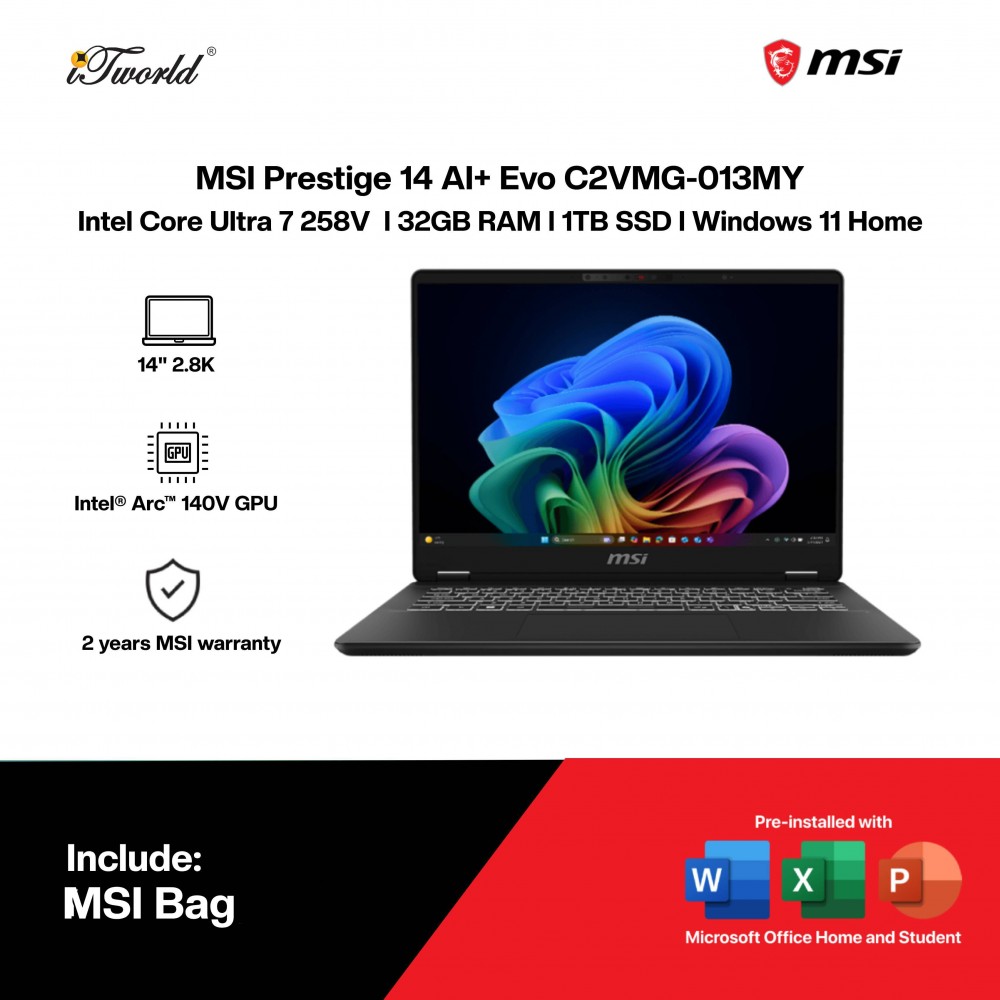 MSI Prestige 14 AI+ Evo C2VMG-013MY AI Laptop (CU7-258V,32GB,1TB SSD,Intel Arc 140V,H&S,14"2.8K OLED,W11H,Stellar Gray,2Y) 