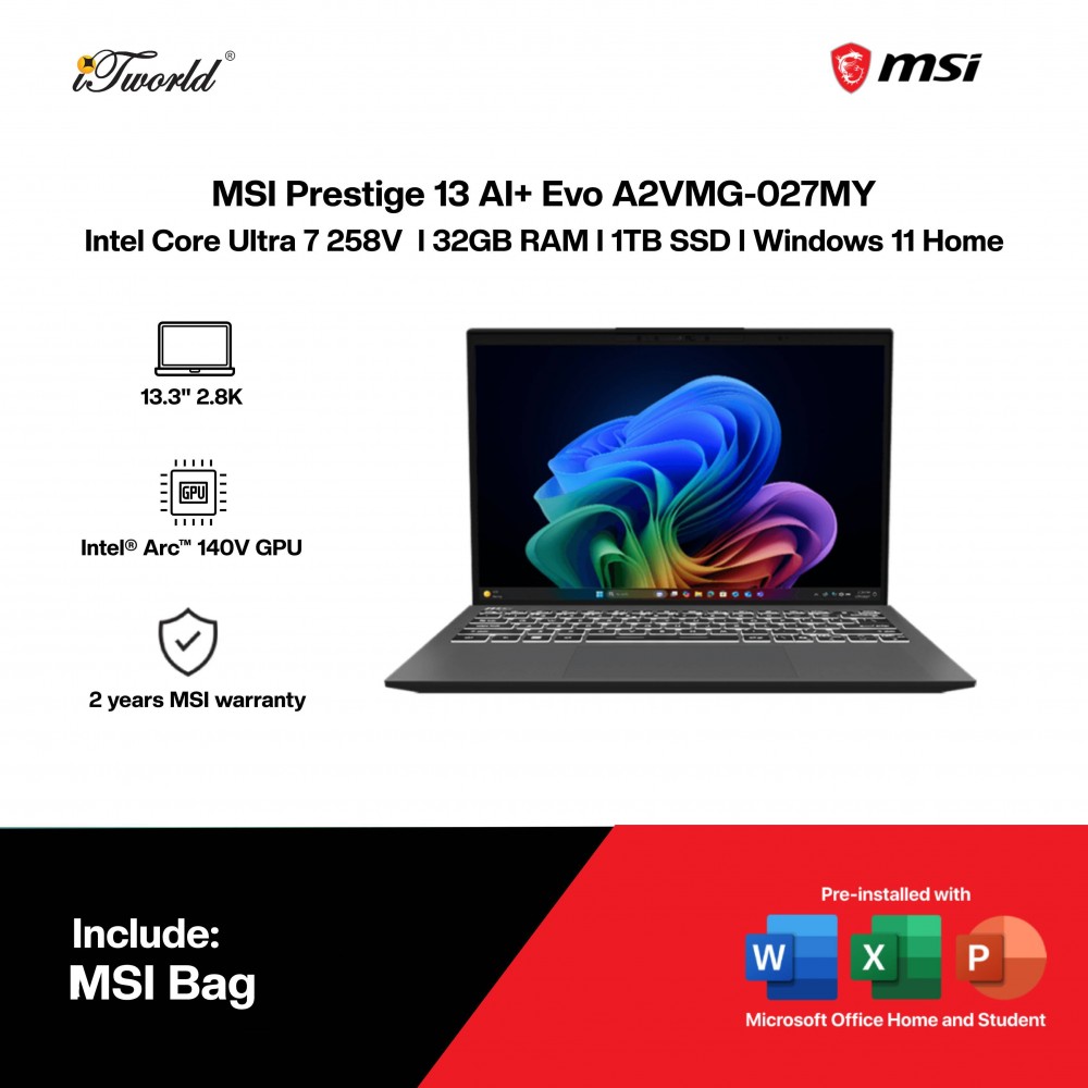 MSI Prestige 13 AI+ Evo A2VMG-027MY AI Laptop (CU7-258V,32GB,1TB SSD,Intel Arc 140V,H&S,13.3"2.8K OLED,W11H,Stellar Gray,2Y) 