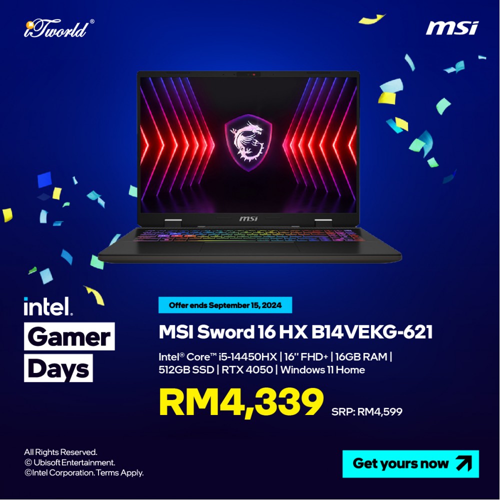 MSI Sword 16 HX B14VEKG-621MY Gaming Laptop (i5-14450HX,16GB,512GB SSD,RTX4050 6GB,16” FHD+,W11H,Gray,2Y)