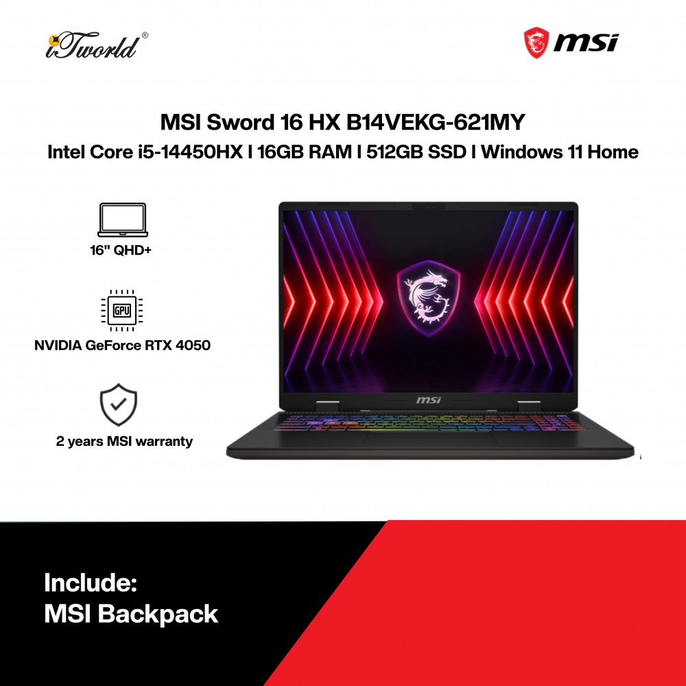 MSI Sword 16 HX B14VEKG-621MY Gaming Laptop (i5-14450HX,16GB,512GB SSD,RTX4050 6GB,16” FHD+,W11H,Gray,2Y)