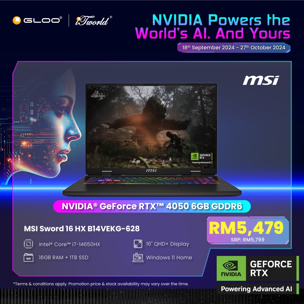 [Pre-order] MSI Sword 16 HX B14VEKG-628MY Gaming Laptop (NVIDIA  ® GeForce RTX™ 4050 6GB, i7-14650HX,16GB,1TB SSD,16”QHD+,W11H,Gray,2Y) [ETA:3-5 working days]