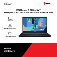 MSI Modern 15 B7M-429MY Laptop (R5-7430U,16GB,512GB SSD,AMD Radeon Graphics,H&S,15.6” FHD,W11H,Blk,2Y)