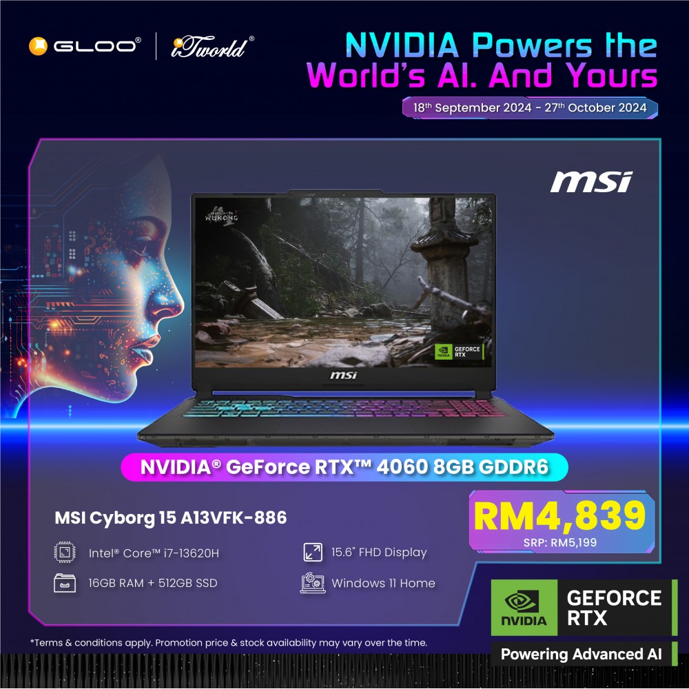 [Pre-order] MSI Cyborg 15 A13VFK-886MY Gaming Laptop (NVIDIA  ® GeForce RTX™ 4060 8GB,i7-13620H,16GB,512GB SSD,15.6"FHD,W11H,Black,2Y) [ETA:3-5 working days]