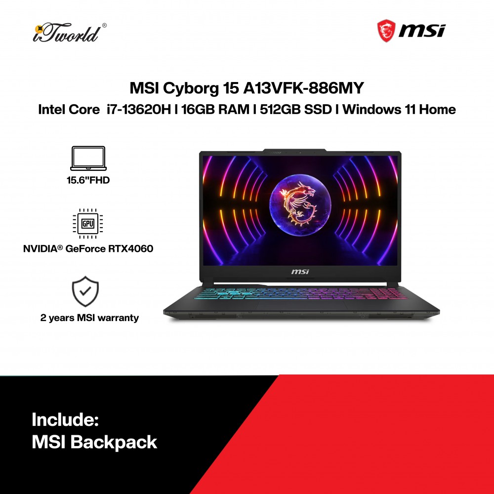 [Pre-order] MSI Cyborg 15 A13VFK-886MY Gaming Laptop (NVIDIA  ® GeForce RTX™ 4060 8GB,i7-13620H,16GB,512GB SSD,15.6"FHD,W11H,Black,2Y) [ETA:3-5 working days]