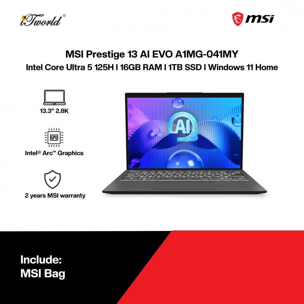 [Pre-order] MSI Prestige 13 AI EVO A1MG-041MY Laptop (Ultra 5 125H,16G,1TB SSD,Intel Arc Graphic,13.3”2.8K,W11H,Gry,2Y) [ETA:3-5 working days]