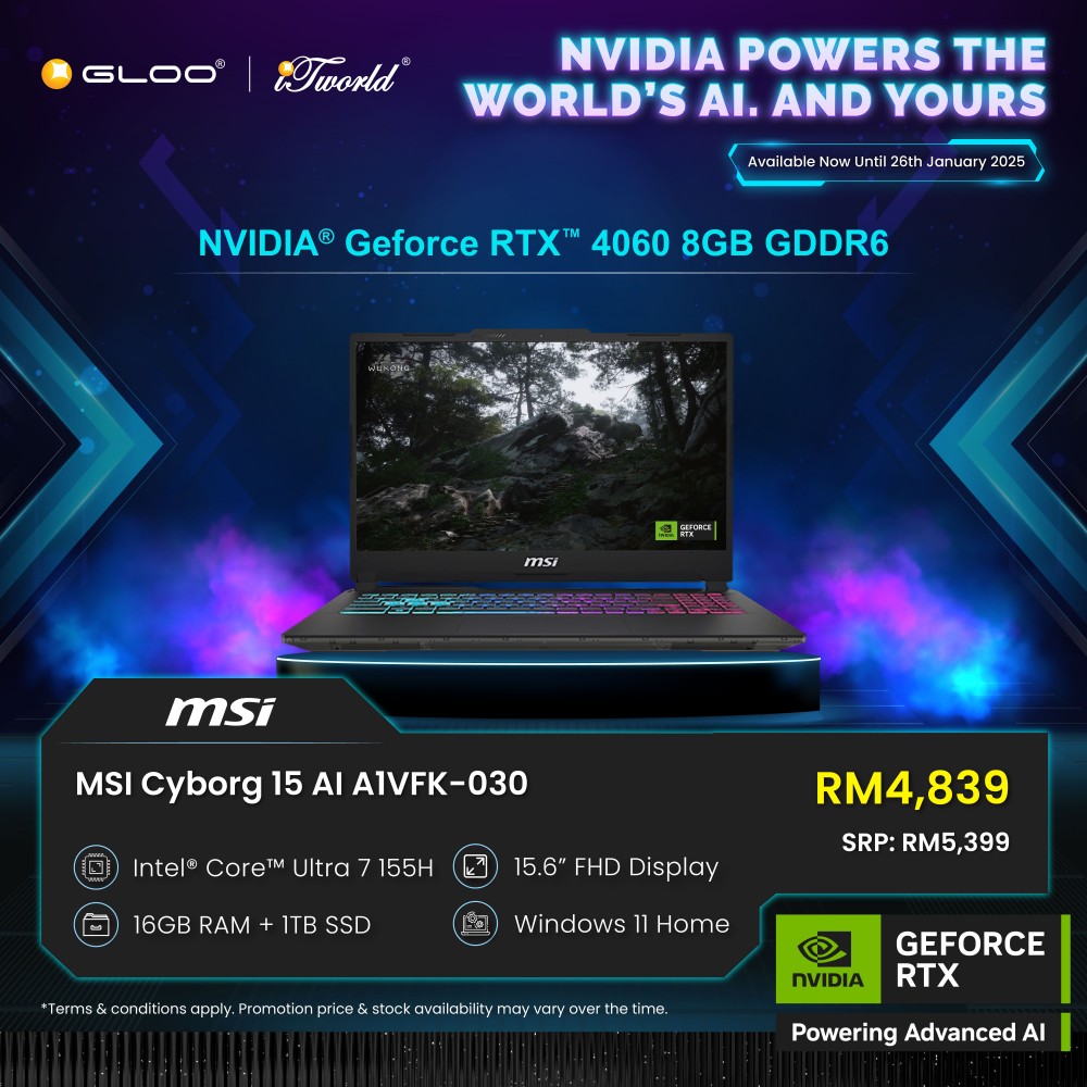 [Pre-order] MSI Cyborg 15 AI A1VFK-030MY Gaming Laptop (NVIDIA  ® GeForce RTX™ 4060 8GB,U7-155H,16GB,1TB SSD,15.6” FHD,W11H,Black,2Y) [ETA:3-5 working days]