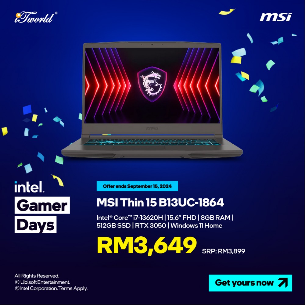 MSI Thin 15 B13UC-1864MY Gaming Laptop (i7-13620H,8GB,512GB SSD,RTX3050 4GB,15.6” FHD,W11H,Grey,2 Yrs)