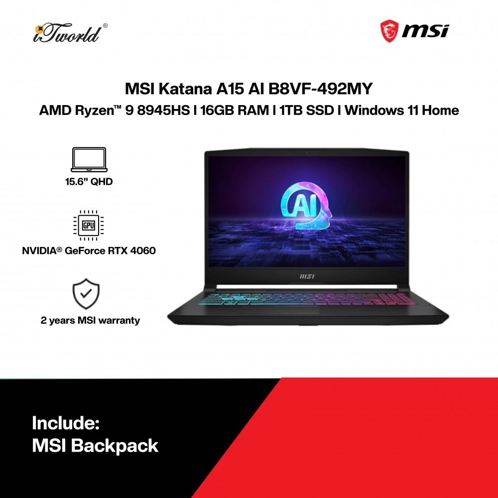 MSI Katana A15 AI B8VF-492MY Gaming Laptop (R9-8945HS,16GB,1TB SSD,RTX4060 8GB,15.6"QHD,W11H,Black,2Y)