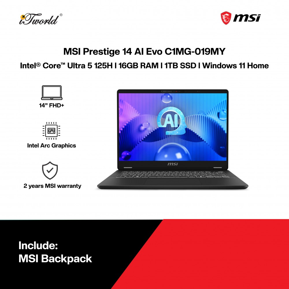 [Pre-order] MSI Prestige 14 AI Evo C1MG-019MY Gaming Laptop (CU5-125H,16GB,1TB SSD,Intel Arc Graphics,14"FHD+,W11H,Stellar Gray,2Y) [ETA:3-5 working days]