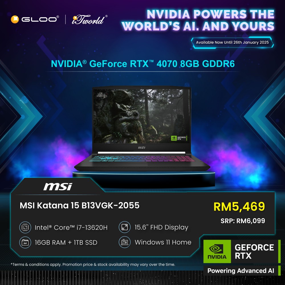 MSI Katana 15 B13VGK-2055MY Gaming Laptop (NVIDIA  ® GeForce RTX™ 4070 8GB,i7-13620H,16GB,1TB SSD,15.6” FHD,W11H,Blk,2Y) 