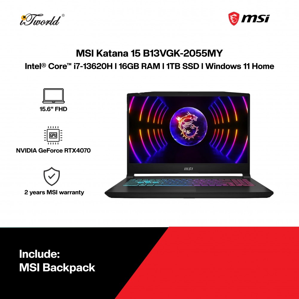 MSI Katana 15 B13VGK-2055MY Gaming Laptop (NVIDIA  ® GeForce RTX™ 4070 8GB,i7-13620H,16GB,1TB SSD,15.6” FHD,W11H,Blk,2Y) 