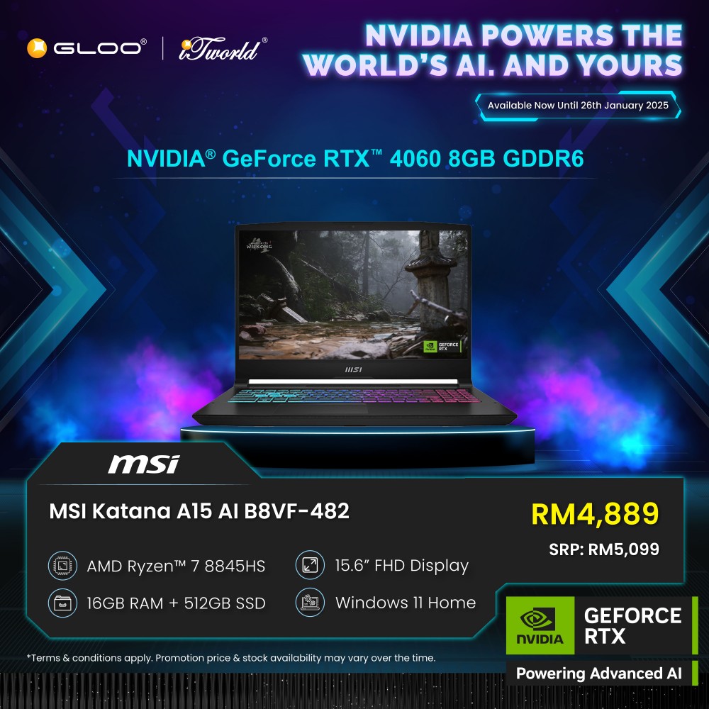 MSI Katana A15 AI B8VF-482MY Gaming Laptop (NVIDIA  ® GeForce RTX™ 4060 8GB,R7-8845HS,16GB,512GB SSD,15.6” FHD,W11H,Blk,2Y)