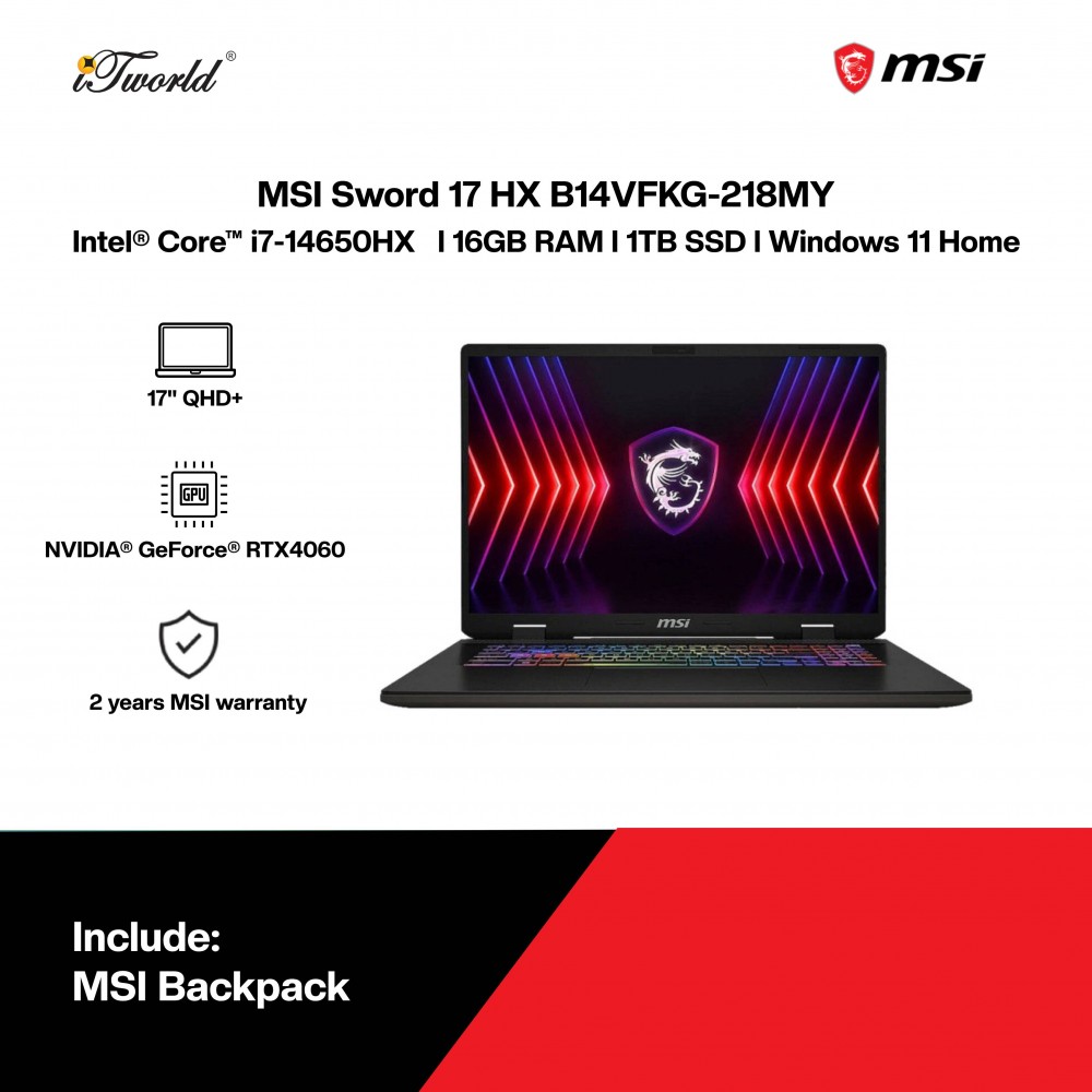 MSI Sword 17 HX B14VFKG-218MY Gaming Laptop (i7-14650HX,16GB,1TB SSD,RTX4060 8GB,17"QHD+,W11H,Gray,2Y) 