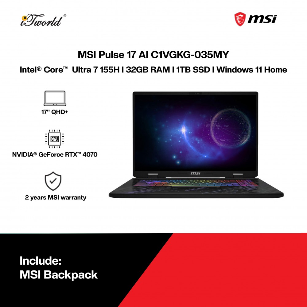 [Pre-order] MSI Pulse 17 AI C1VGKG-035MY Gaming Laptop (CU7-155H,32GB,1TB SSD,RTX4070 8GB,17"QHD+,W11H,Core Black,2Y) [ETA:3-5 working days]