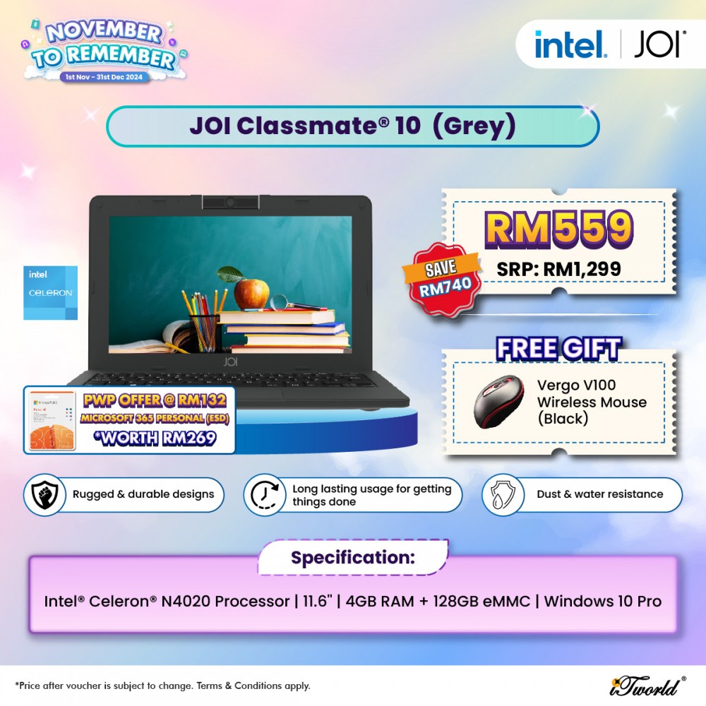 JOI Classmate 10 (Celeron N4020,4GB,128GB eMMC,Intel UHD Graphics 600,11.6”HD,W10 Pro,Grey)