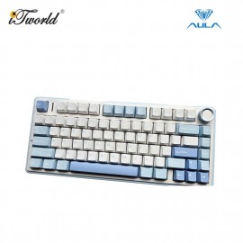 AULA F75 Multi Mode Hot Swap Mechanical Keyboard With Gray Wood V3 Switch - Sea Salt Blue (F75-BLUE+WHITE+DARK BLUE)