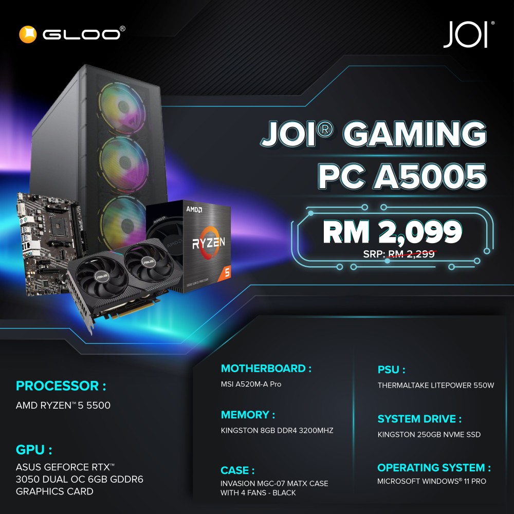 JOI Gaming PC A5005 (RYZEN 5 5500/8GB RAM/256GB SSD/RTX3050/W11P)