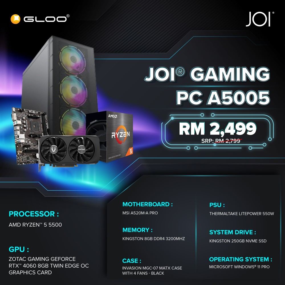 JOI Gaming PC A5005 (RYZEN 5 5500/8GB RAM/256GB SSD/RTX4060/W11P)