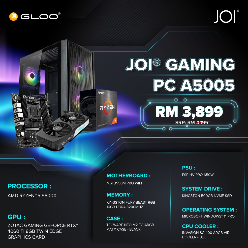 JOI Gaming PC A5005 (RYZEN 5 5600X/8GB RAM/256GB SSD/RTX4060TI/W11P/WIFI)