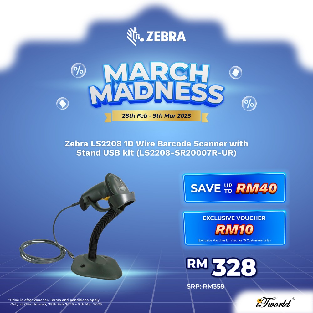 [Ready Stock] Zebra LS2208 1D Wire Barcode Scanner with Stand USB kit (LS2208-SR20007R-UR)